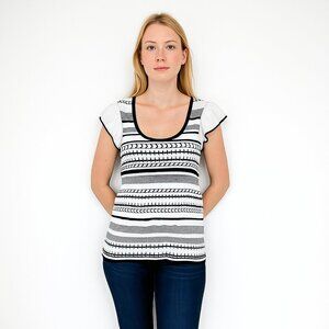NWT White House Black Market Short Sleeve Novelty Black White Stripe Top #WHBM18